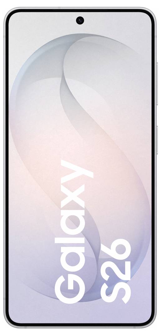 Smartphone mit der Anzeige "Galaxy S26" auf dem Bildschirm mit minimalem Verlaufshintergrund, mit einer zentrierten Frontkamera oben.