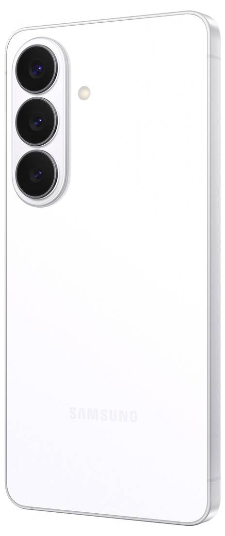 Ein weißes Smartphone mit drei vertikal ausgerichteten Rückkameras; "Samsung"-Logo auf der Rückseite aufgedruckt.