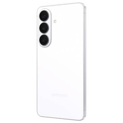 Ein weißes Smartphone mit drei vertikal ausgerichteten Rückkameras; "Samsung"-Logo auf der Rückseite aufgedruckt.