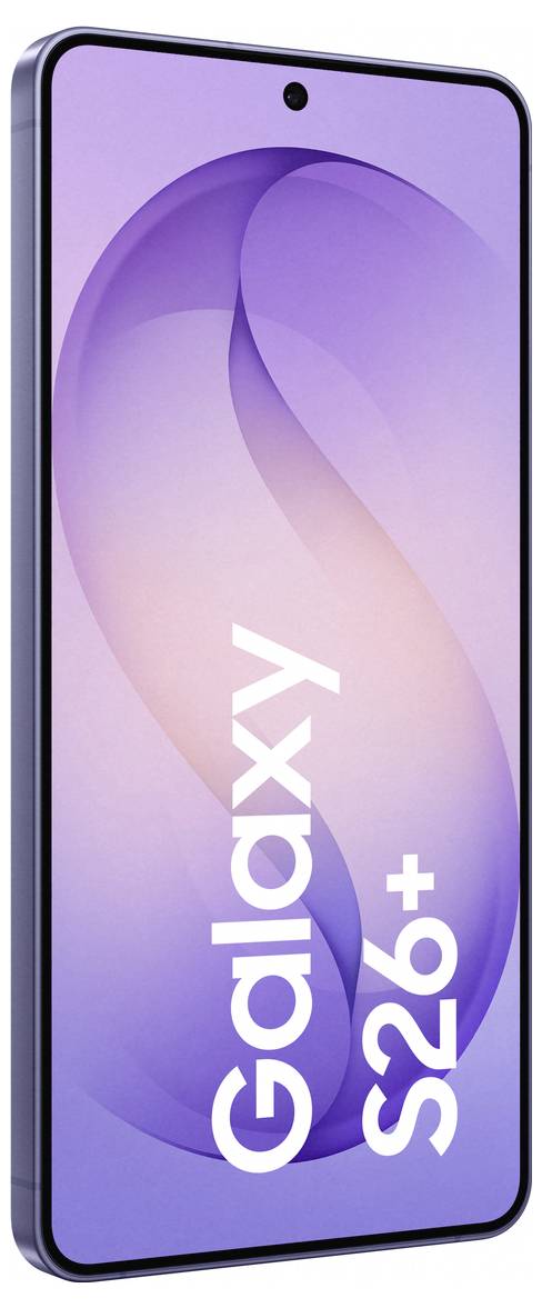 Ein Smartphone mit einem lila-farbigen Bildschirm, auf dem "Galaxy S26+" vertikal angezeigt wird. Das Telefon hat ein schlankes, modernes Design.