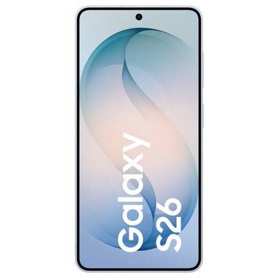 Ein Smartphone mit großem Display zeigt den Text „Galaxy S26" auf einem farbenfrohen, abstrakten Hintergrund.