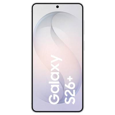 Smartphone-Bildschirm, auf dem ein stilisiertes „S" mit dem Text „Galaxy S26+" angezeigt wird, was das Telefonmodell anzeigt.