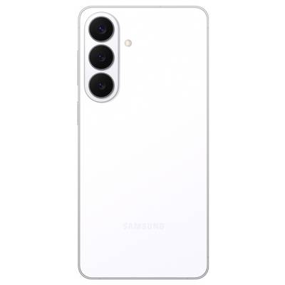 Rückansicht eines weißen Smartphones mit drei vertikal angeordneten Kameraobjektiven und einem LED-Blitz auf der Rückseite.