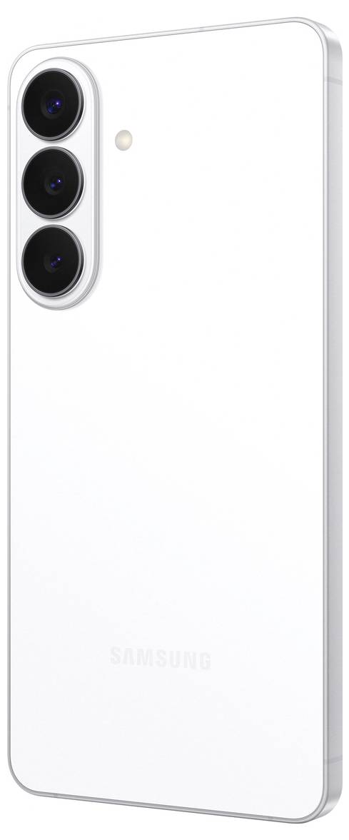 Ein weißes Smartphone mit drei vertikal angeordneten Rückkameras und einem kleinen Blitz auf der Rückseite.