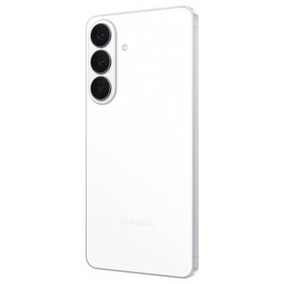 Ein weißes Smartphone mit drei vertikal angeordneten Rückkameras und einem kleinen Blitz auf der Rückseite.