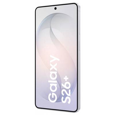 Smartphone mit elegantem Design mit einem nahezu rahmenlosem Display, gekennzeichnet mit „Galaxy S26+". Ein subtiler Gradient-Hintergrund verleiht Eleganz.