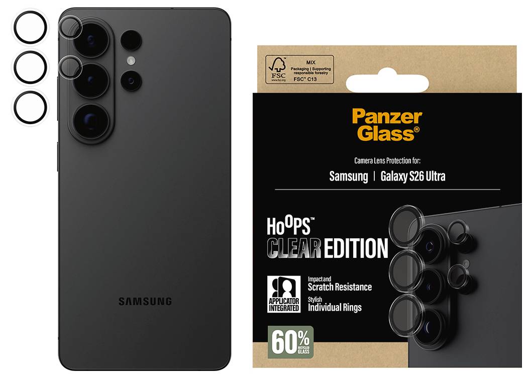 Panzerglassgehäuseverpackung mit einzelnen sichtbaren Kameralinsenschutzmitteln; kompatibel mit Samsung Galaxy S26 Ultra.