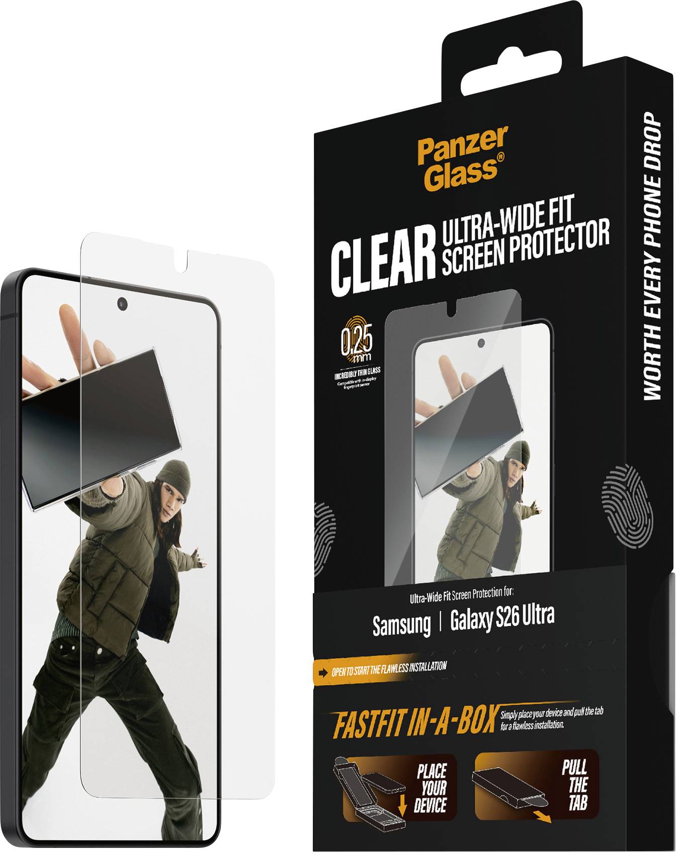 'PanzerGlass Clear Ultra-Wide Fit' Displayschutzfolie für Samsung Galaxy S26 Ultra, zeigt den Installationsprozess mit einem Bild einer Person.