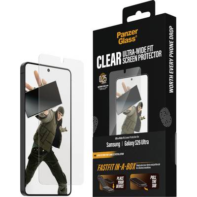 'PanzerGlass Clear Ultra-Wide Fit' Displayschutzfolie für Samsung Galaxy S26 Ultra, zeigt den Installationsprozess mit einem Bild einer Person.