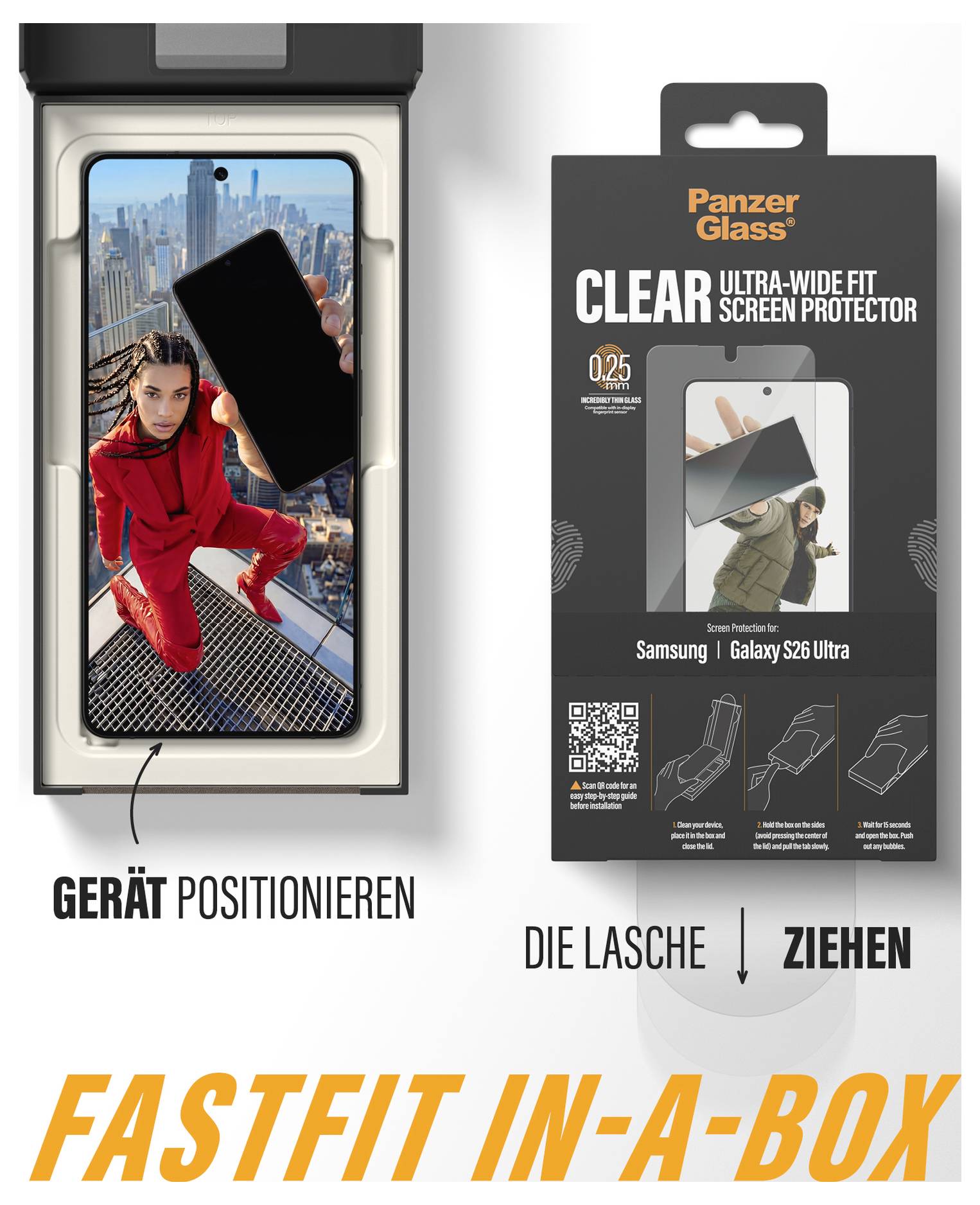 Das Bild zeigt ein Telefon in einer Schachtel mit einem Displayschutz von PanzerGlass. Anleitung: 'Gerät positionieren', 'Lasche ziehen' für eine schnelle Montage.