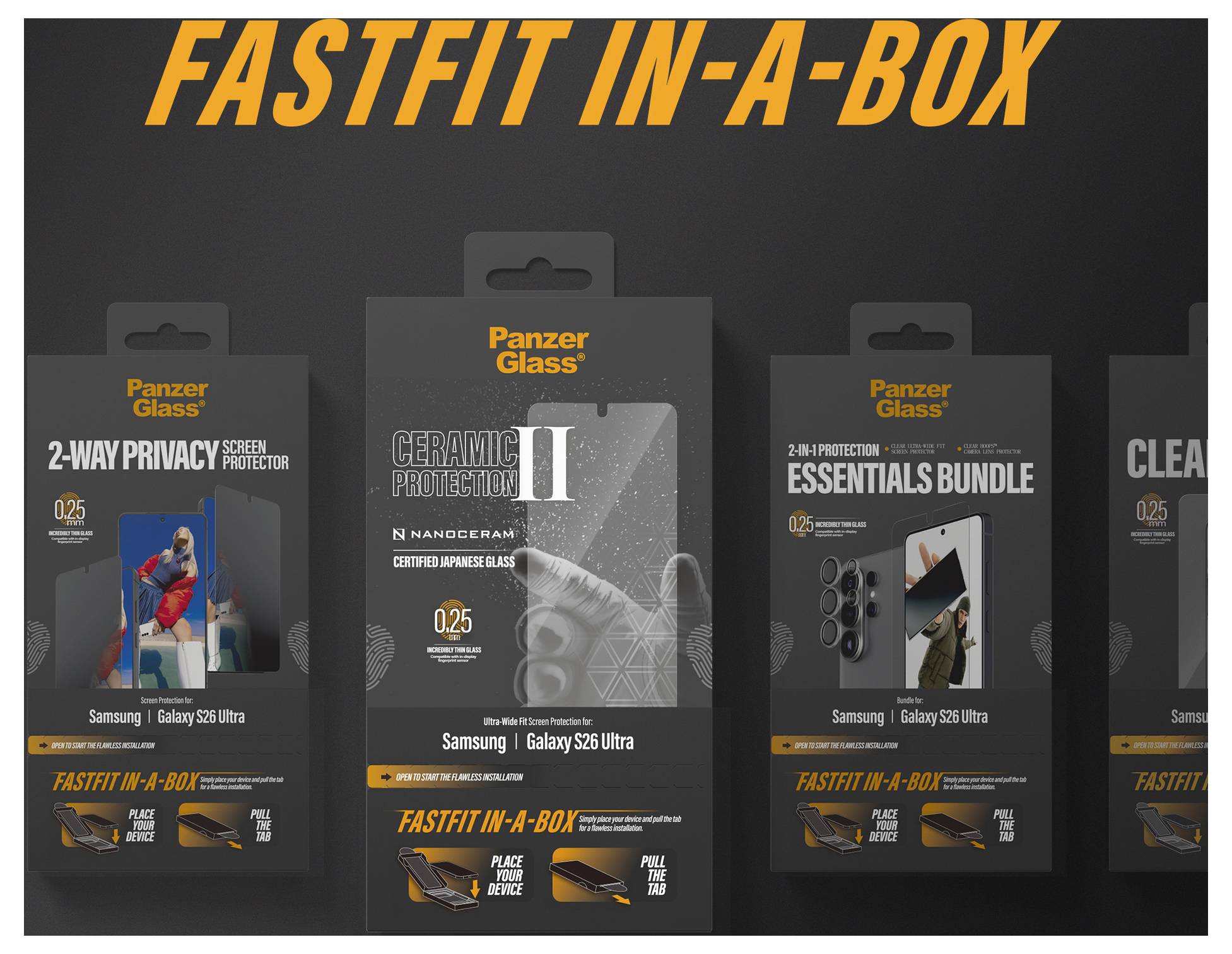 „FastFit In-A-Box" Produktpräsentation mit verschiedenen Samsung Galaxy S23 Ultra Displayschutzfolien und Zubehör, mit Fokus auf Komfort und Schutz.