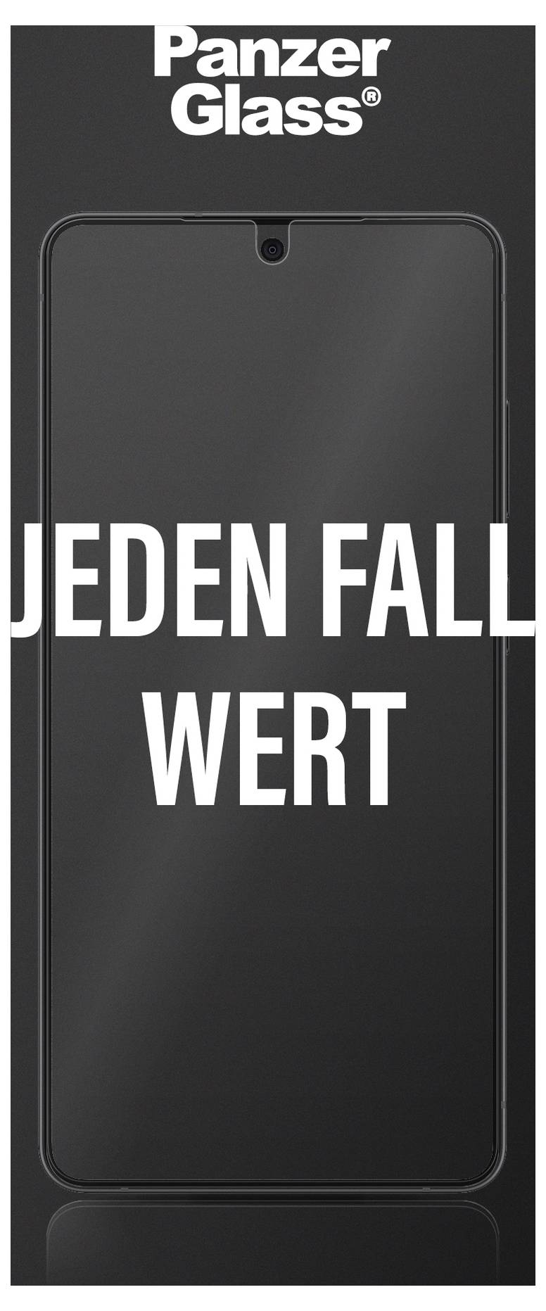 „Panzer Glass" Verpackung für einen Smartphone-Displayschutz. Schwarzer Hintergrund mit fettgedrucktem weißem Text „Jeden Fall Wert" auf der Vorderseite.
