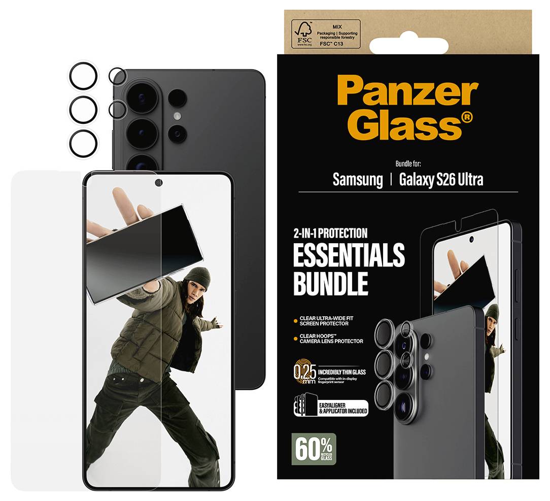 „PanzerGlass Privacy Bundle für Samsung Galaxy S26+." Enthält Displayschutzfolie und Kameralinsen-Abdeckung, gezeigt mit Produktverpackung.