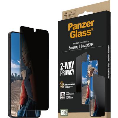 Das Bild zeigt einen „PanzerGlass"-Datenschutz-Bildschirmschutz für Samsung Galaxy S26+. Die Verpackung hebt „2-Wege-Datenschutz" und 60% Blaulichtreduzierung hervor.