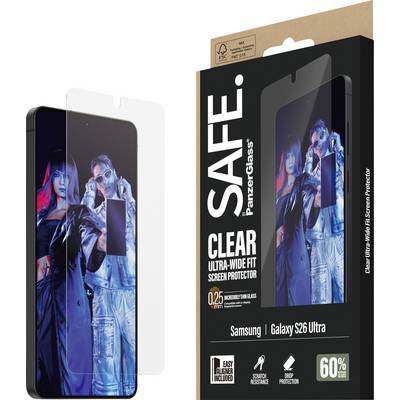 „SICHER. PanzerGlass CLEAR Ultra-Weitwinkel-Displayschutzfolie für Samsung Galaxy S26 Ultra" mit Verpackung und Telefon, das ein Fashionfoto anzeigt.