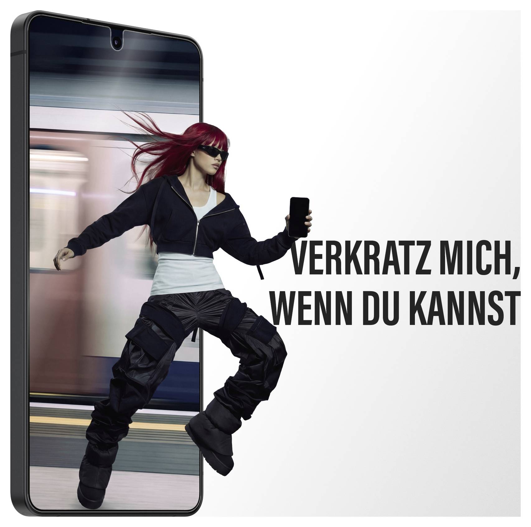 Ein Smartphone mit schlankem, rahmenlosem Display-Design, überlagert mit einer transparenten, dünnen Displayschutzfolie, die den Geräteschutz anzeigt.