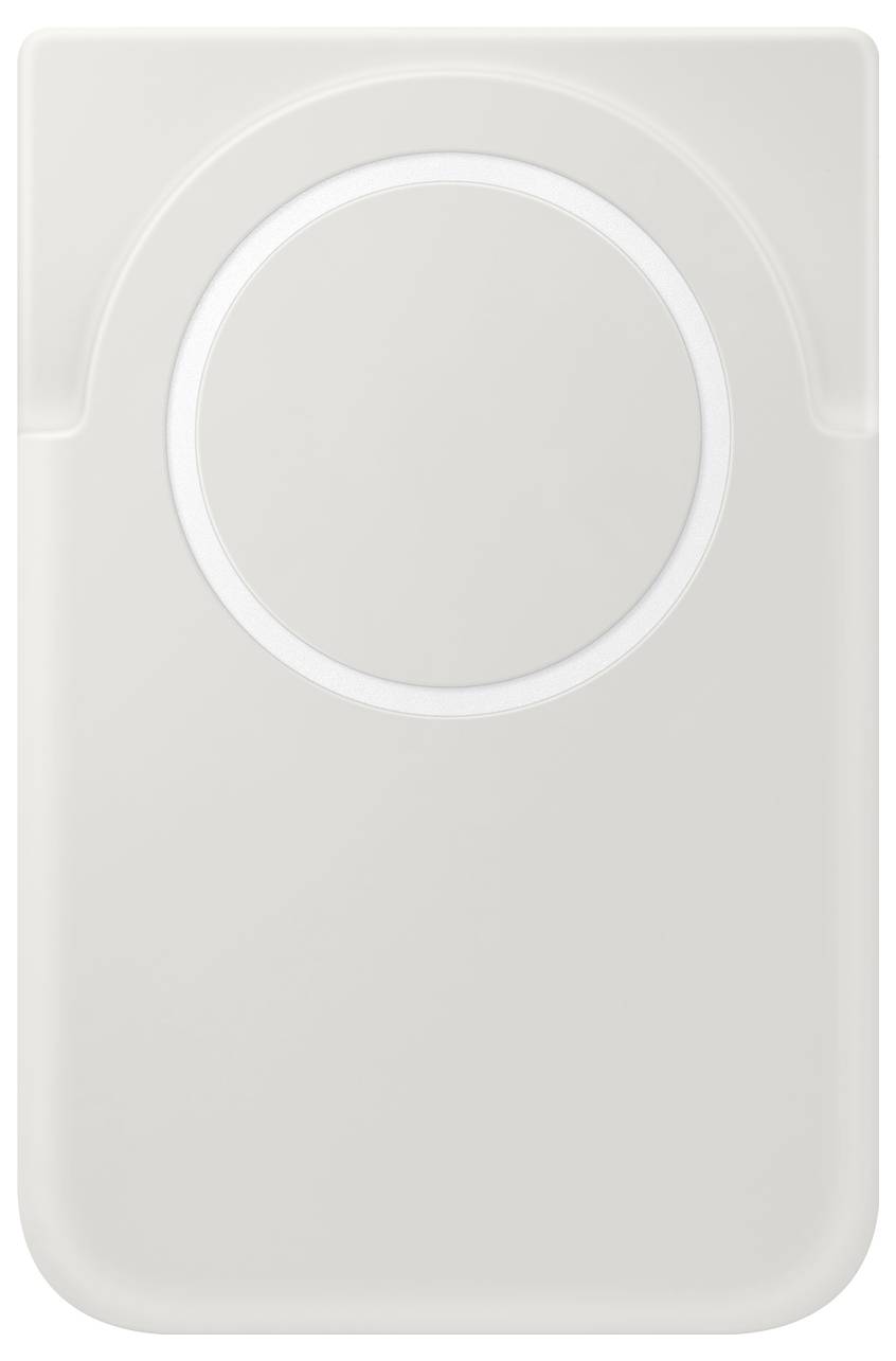 Ein minimalistisches weißes Gerät mit einem kreisförmigen Design in der Mitte, möglicherweise ein kabelloses Ladegerät oder ähnliches elektronisches Zubehör.