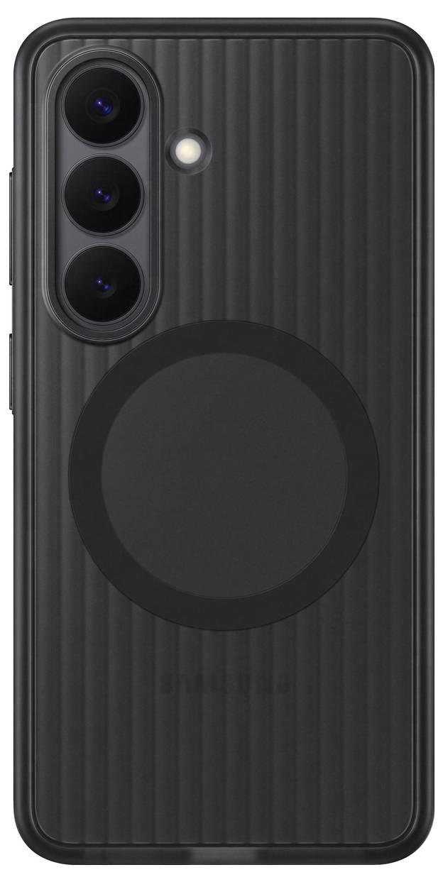 Ein schwarzes Smartphone mit drei rückwärtigen Kameras und einem kreisförmigen Designelement darunter.
