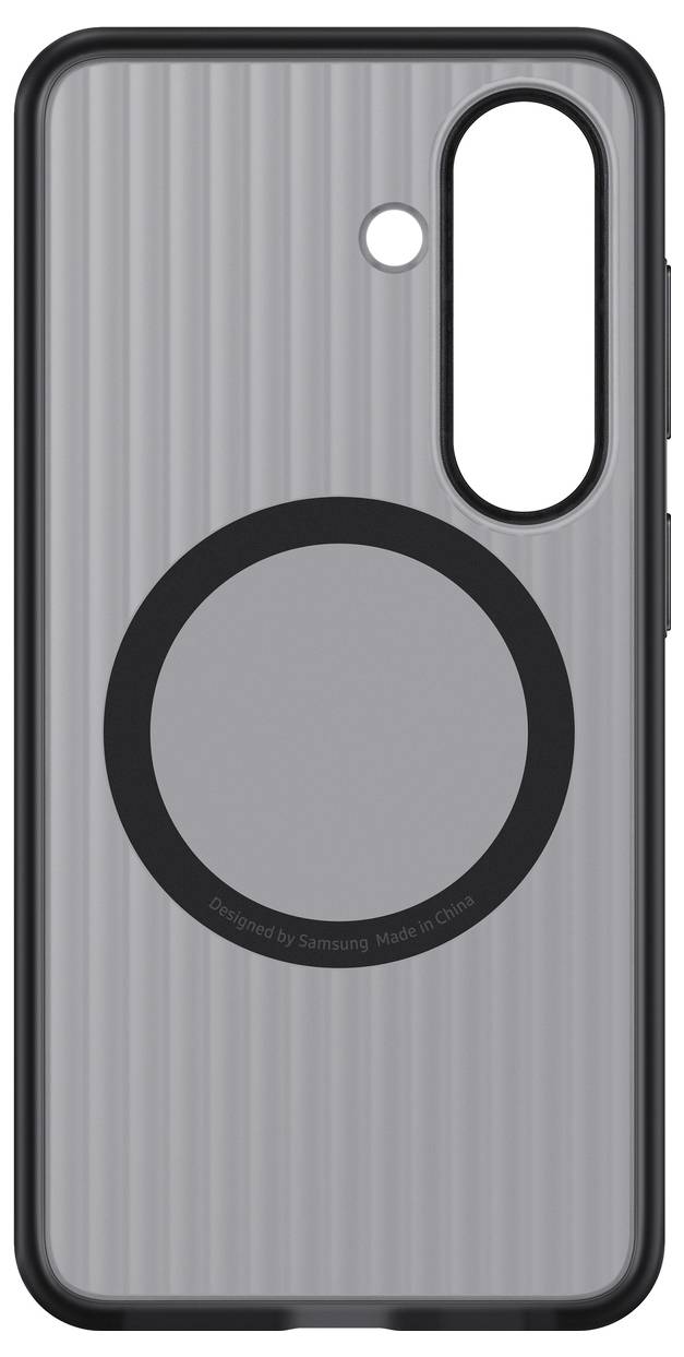 Eine graue Handyhülle mit einem kreisförmigen Design in der Mitte und einer länglichen Aussparung für die Kamera und den Blitz. Entworfen von Samsung.