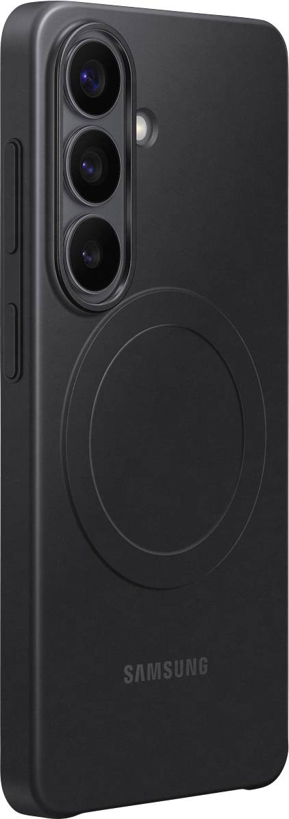 Ein schwarzes Samsung-Smartphone mit drei hinteren Kameraobjektiven und einem kreisförmigen Design auf der Rückseite, vertikal positioniert.