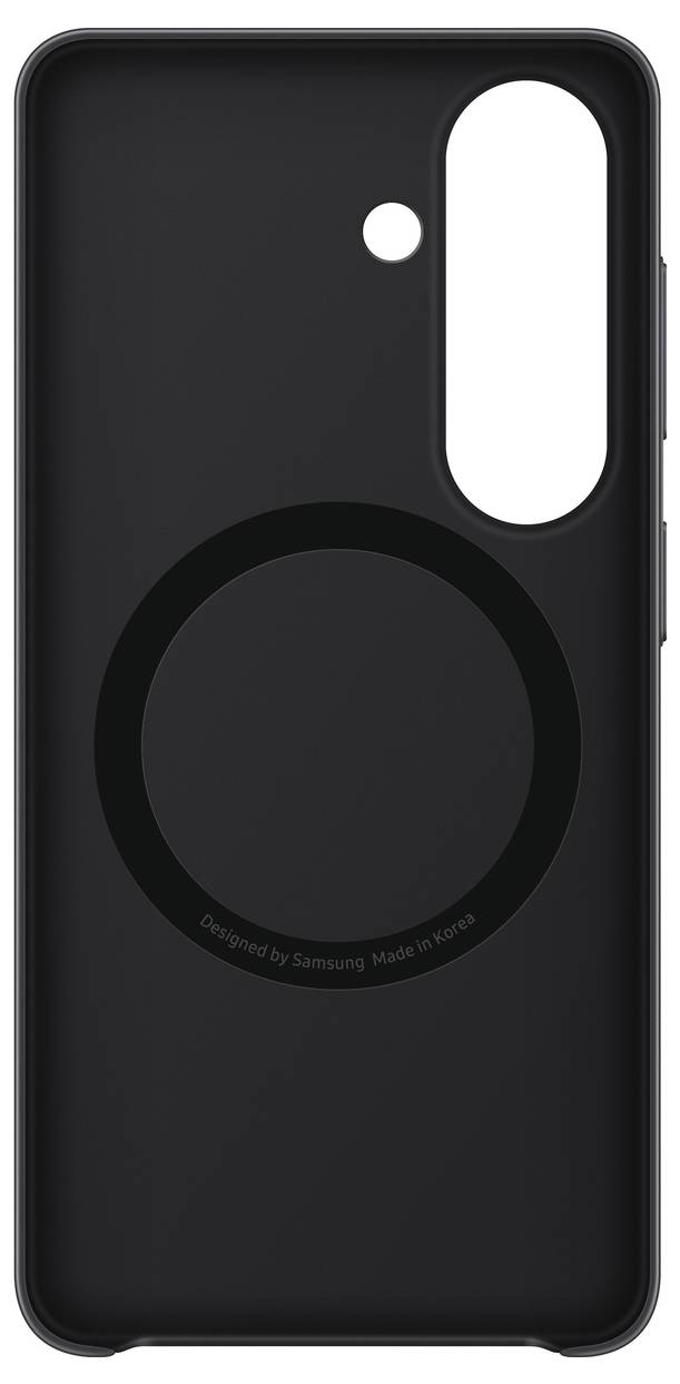 Schwarze Smartphone-Schutzhülle mit Kameraausschnitt und eingebettetem Kreismuster auf der Rückseite. Der Text am unteren Rand lautet „Designed by Samsung Made in Korea".