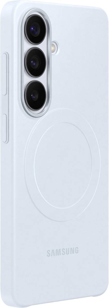 Ein hellblaues Smartphone-Gehäuse mit drei Ausschnitten für Kameralinsen und dem Wort "Samsung" auf der Rückseite geprägt.