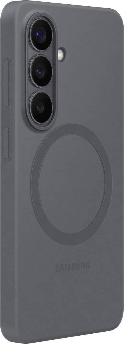 Dunkelgraue Samsung-Handyhülle mit drei Kameraausschnitten und magnetischer Scheibenkontur auf der Rückseite, entwickelt für einfache Befestigung.