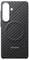 Ein Smartphone mit einem eleganten, kantenlos verlaufenden Display, das eine minimalistische abstrakte Bildschirmhintergrundbild mit geschwungenen Linien und einem subtilen Farbverlauf zeigt.