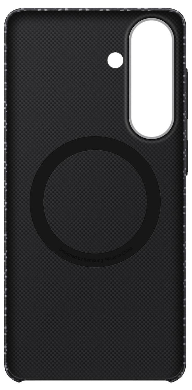 Ein weißes Smartphone-Case mit einem großen Kameraausschnitt und einem kreisförmigen Design in der Mitte, mit der Aufschrift „Designed by Samsung, Made in Korea".