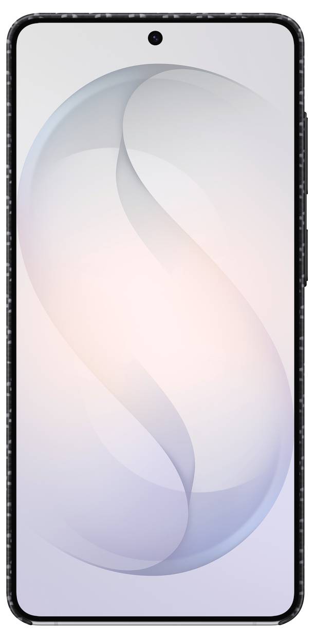 Ein elegantes Smartphone mit einem leuchtenden abstrakten "S"-Design auf dem Bildschirm, zentriert vor einem minimalistischen hellen Hintergrund.
