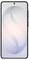Ein elegantes Smartphone mit einem leuchtenden abstrakten "S"-Design auf dem Bildschirm, zentriert vor einem minimalistischen hellen Hintergrund.