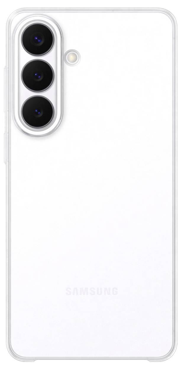 Ein weißes Smartphone mit drei nach hinten gerichteten Kameras und einem Blitz, vertikal an der oberen linken Ecke ausgerichtet, mit dem Logo „Samsung" auf dem Display.