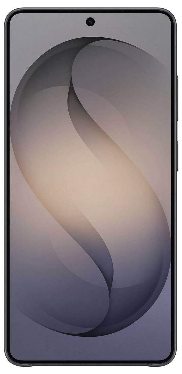 Ein Smartphone mit schlankem, rahmenlosen Design und zentrierter Frontkamera. Der abstrakte Hintergrund zeigt dunkle, wirbelnde Formen.