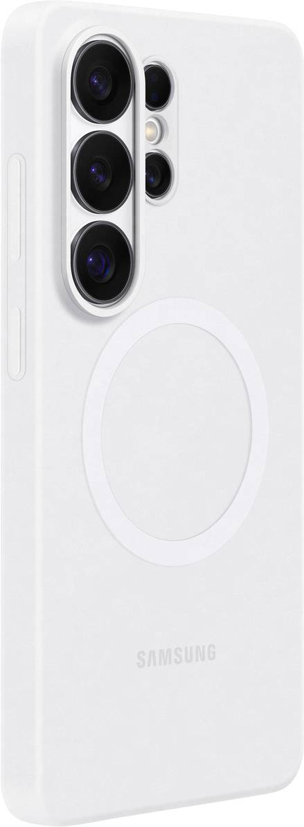 Ein elegantes, lavendelfarbenes Smartphone mit drei hinteren Kameras, die vertikal auf der Rückseite angeordnet sind.