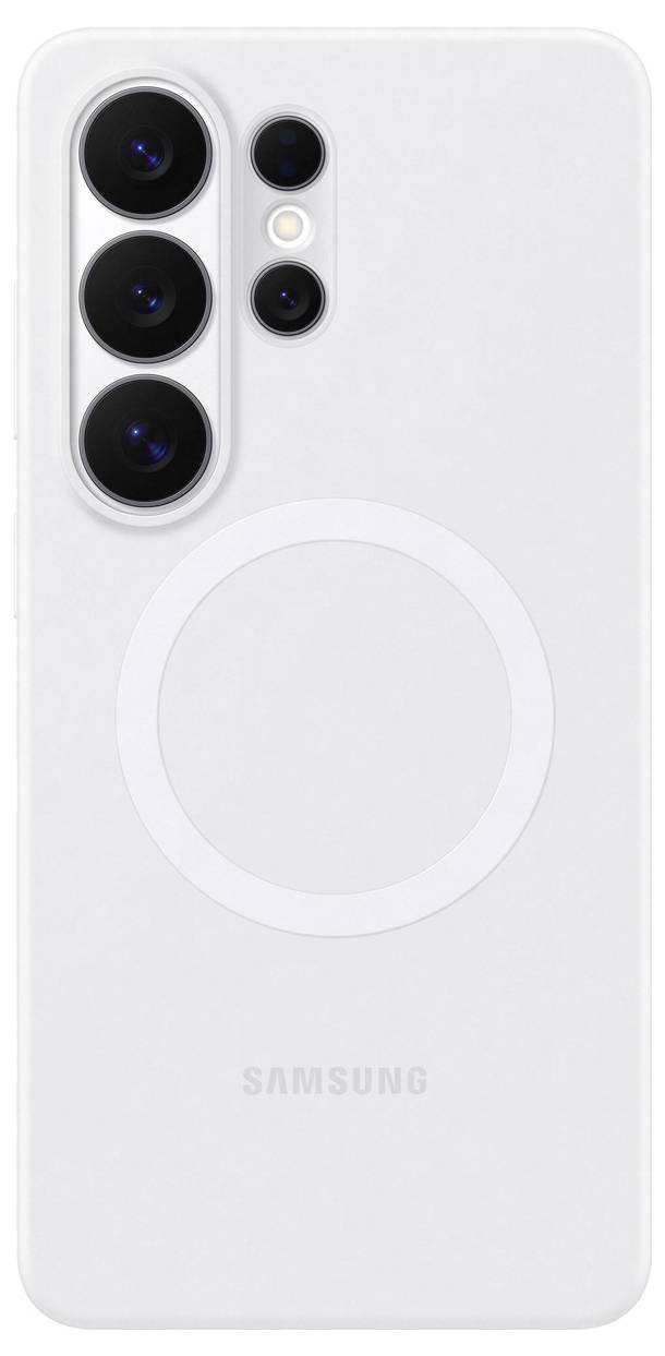 Ein weißes Samsung-Handyhülle mit kreisförmigem MagSafe-Design, mit Ausschnitten für drei große Kameraobjektive und einen zusätzlichen kleineren Sensor.