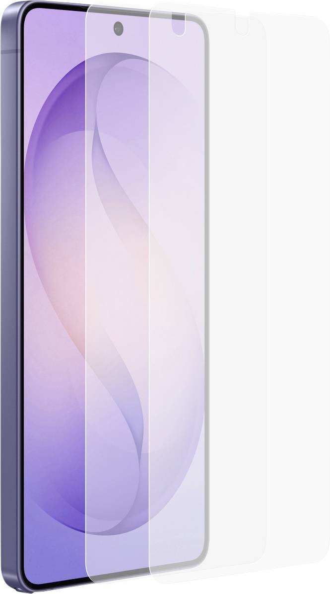 Ein Smartphone mit violettem Verlauf auf dem Bildschirm wird mit einer teilweise angebrachten transparenten Displayschutzfolie gezeigt.
