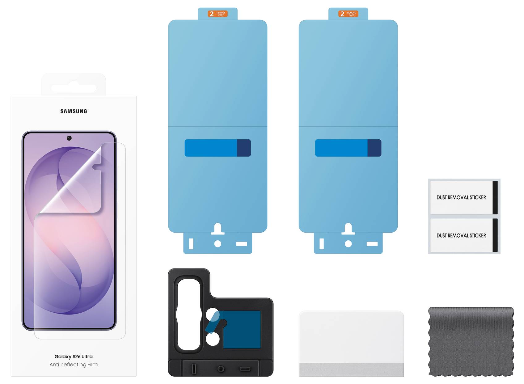 "Galaxy S22 Ultra" Displayschutzfolien-Set mit zwei blauen Schutzfolien, Installationsrahmen, Staubalösungstüchern und einem Reinigungstuch.