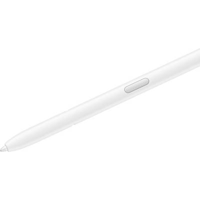 Ein weißer Stift ruht diagonal. Zu den Merkmalen gehören eine Seitentaste und ein elegantes Design, das auf die Verwendung zum digitalen Schreiben oder Zeichnen hindeutet.