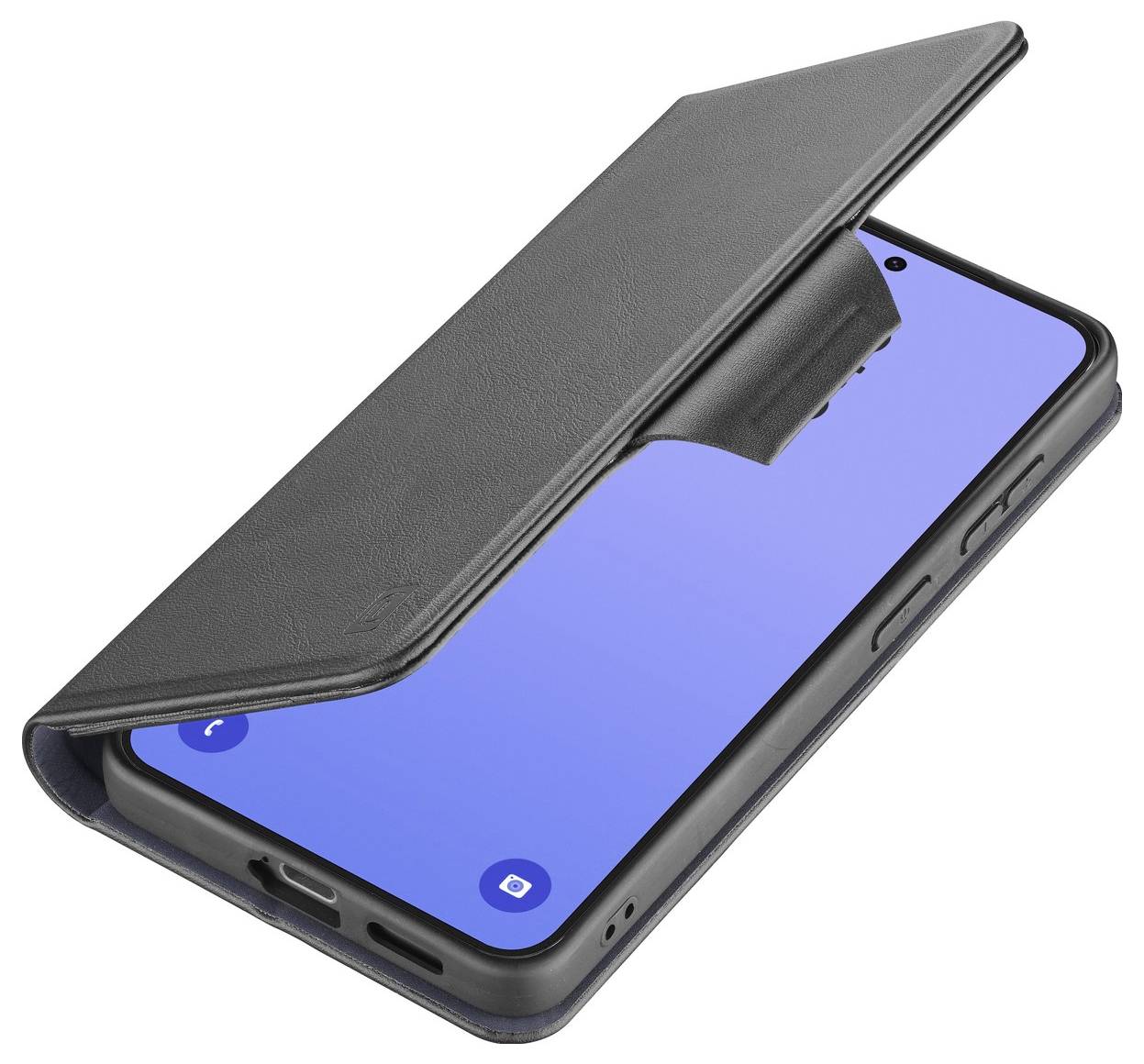 Ein Smartphone in einer schwarzen Klappschutzhülle, leicht geöffnet, zeigt einen Teil des Bildschirms mit minimalem blauem Display und App-Symbolen.