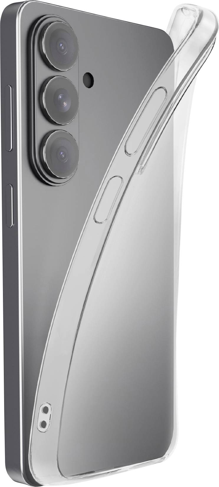 Ein schlankes Smartphone mit metallischer Oberfläche ist teilweise von einer transparenten Schutzhülle bedeckt und hebt sein Triple-Kamera-System auf der Rückseite hervor.