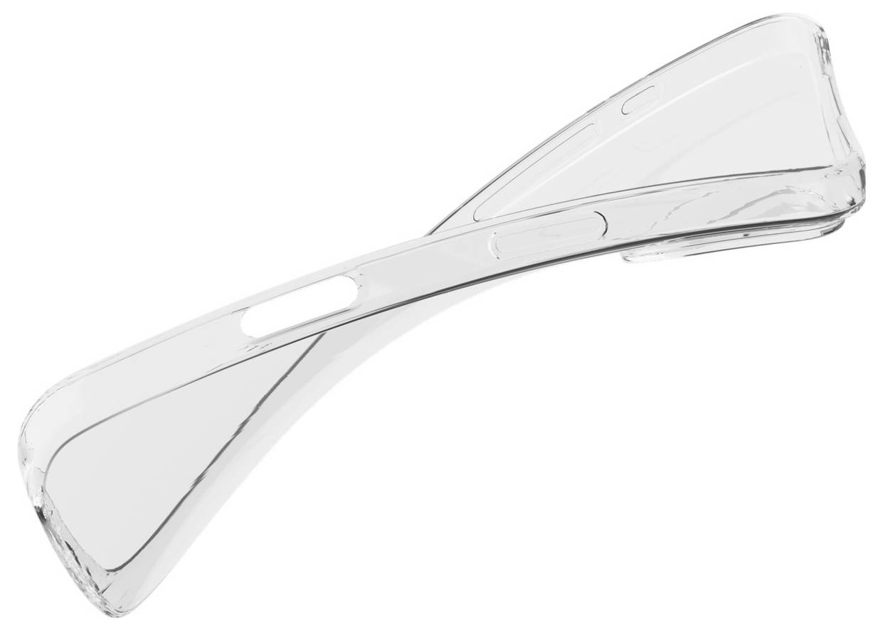 Ein klares, gekrümmtes Kunststoffobjekt mit einem rechteckigen Ausschnitt, möglicherweise ein flexibles Werkzeug oder Teil einer Schutzvorrichtung.
