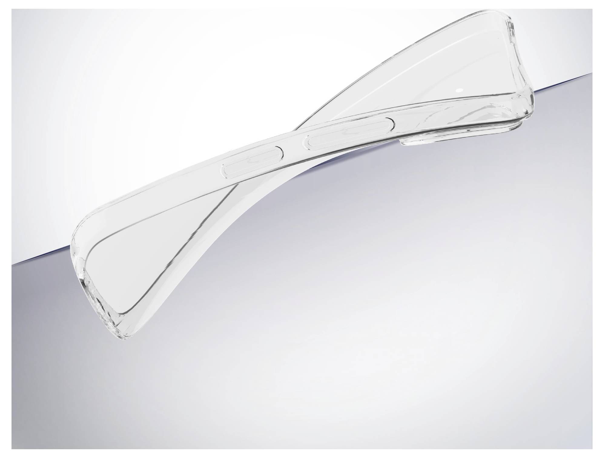 Ein durchsichtiger, gekrümmter Kunststoffgegenstand liegt auf einer reflektierenden Oberfläche und erzeugt mit seinen glatten, eleganten Konturen ein elegantes, modernes Erscheinungsbild.