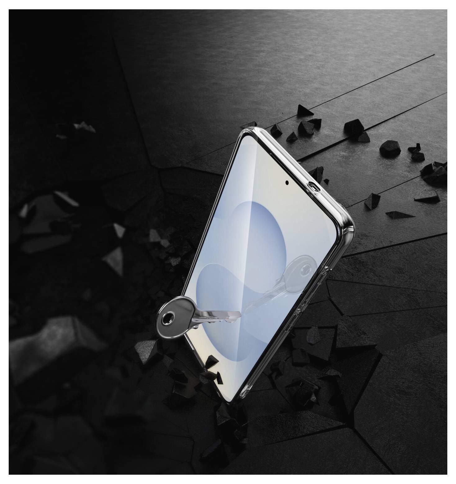 Ein Smartphone mit einem langlebigen Bildschirm wird gezeigt, über den ein Schlüssel gleitet, was die Kratzfestigkeit und Widerstandsfähigkeit verdeutlicht.