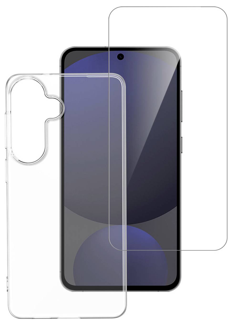 Transparente Handyhülle und Displayschutzfolie neben einem Smartphone mit großem Display, das Schutzpalmzubehör für das Gerät präsentiert.