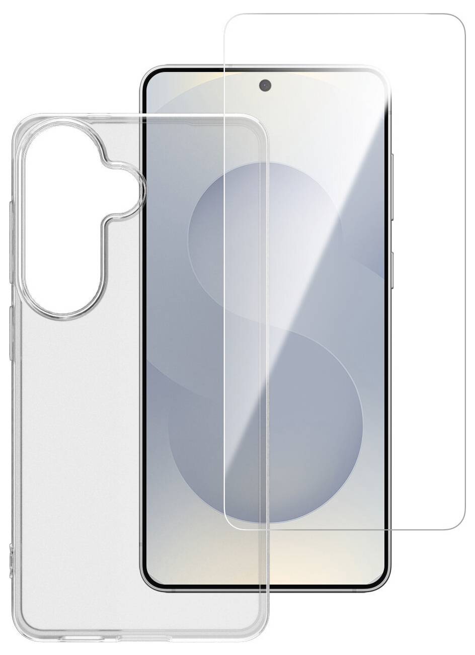 Ein Smartphone mit einer durchsichtigen Schutzhülle und einem transparenten Displayschutz, die Schutzfunktionen und elegantes Design hervorheben.