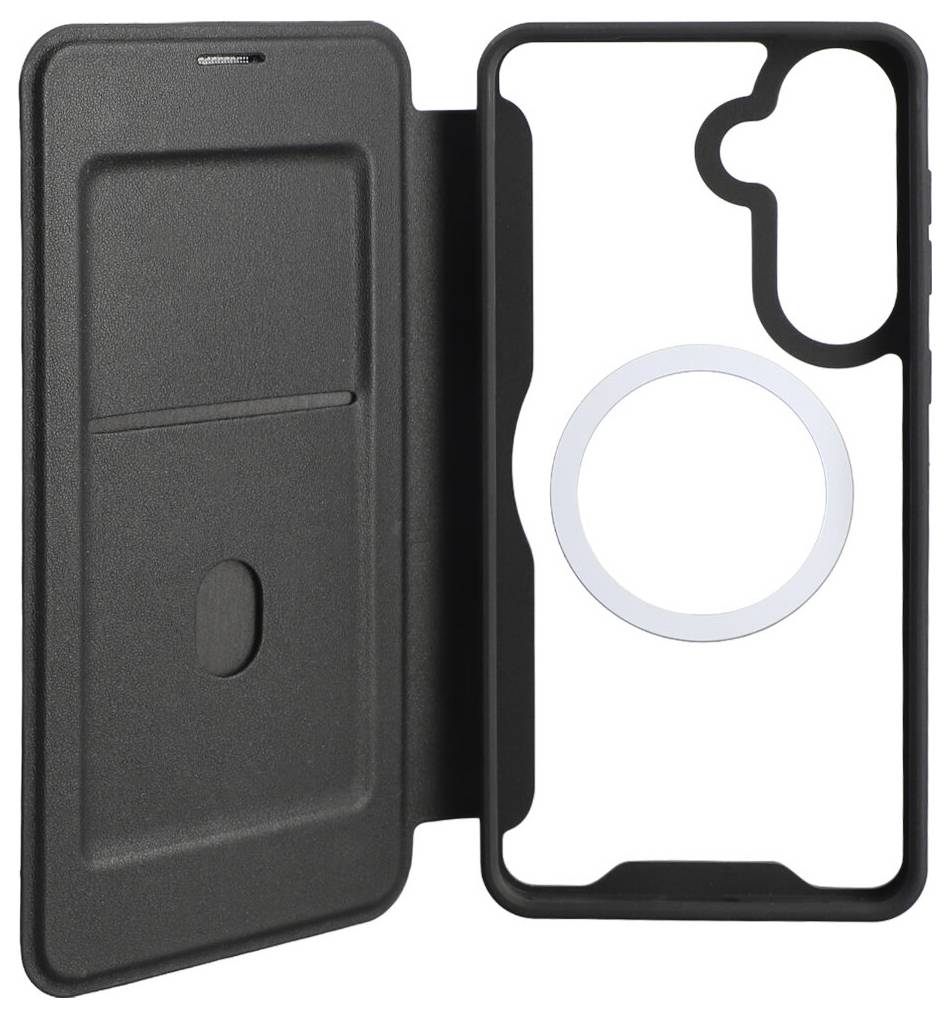 Schwarze Smartphone-Hülle mit magnetischem Ring und einer Abdeckung mit Kartensteckplatz auf der linken Seite.