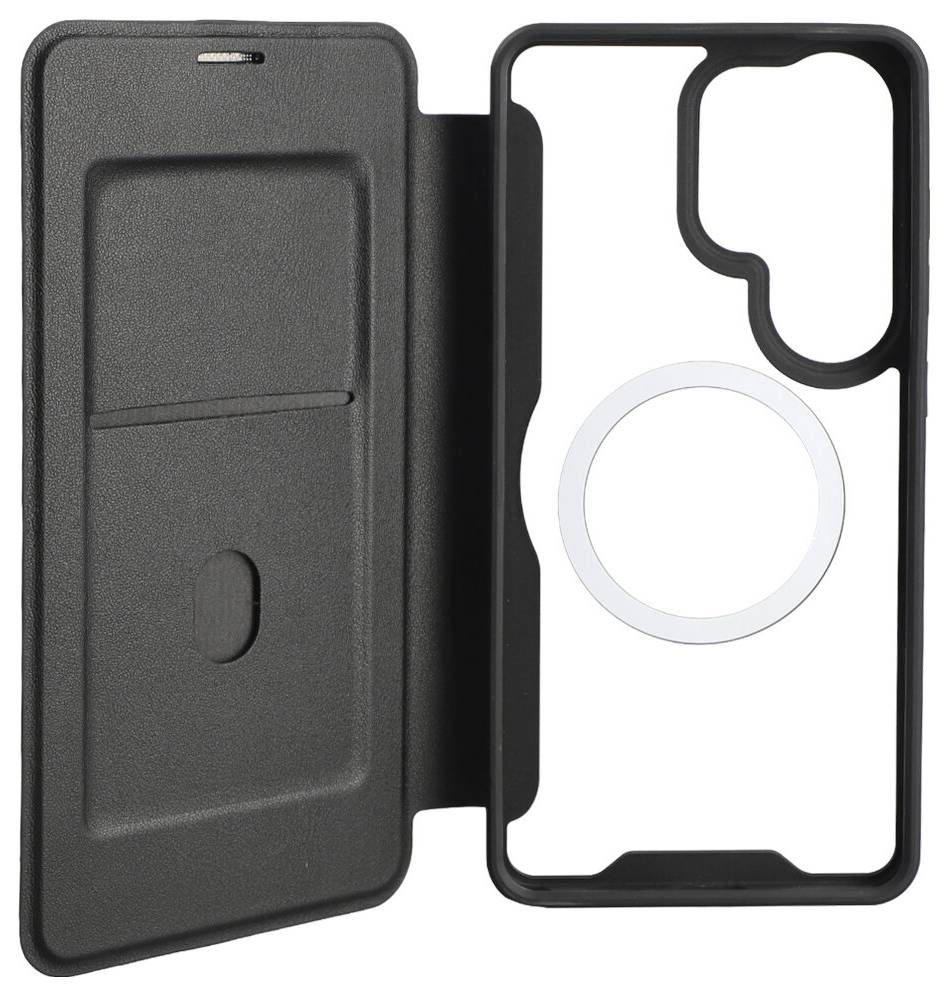 Schwarze Handyhülle mit offener Klappe, die einen Kartensteckplatz auf der linken Seite und einen MagSafe-kompatiblen Ring auf der rechten Seite im Inneren zeigt.