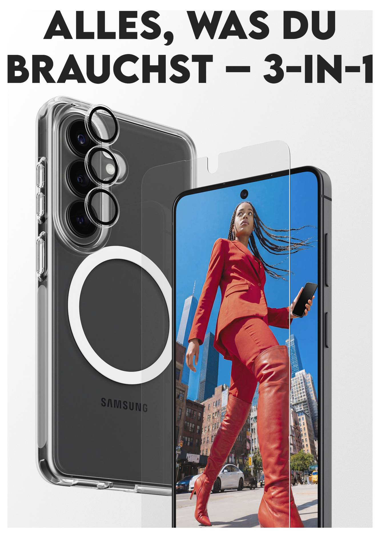 Ein Smartphone mit Schutzhülle und Displayschutzfolie. Eine Frau in rotem Outfit hält das Telefon in einer urbanen Umgebung. Der Text lautet „Alles, was du brauchst – 3-in-1."