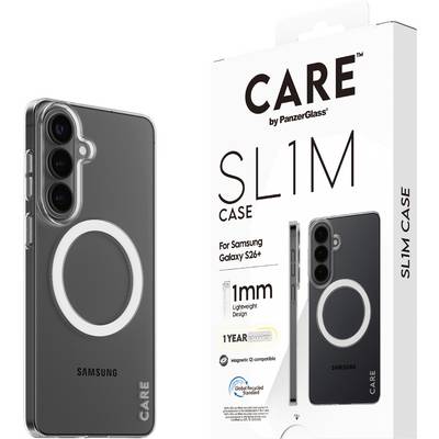 CARE SL1M Case für Samsung Galaxy S26+, 1mm leichtes Design, 1-Jahr-Garantie, MagSafe-kompatibel" Verpackung mit Produktbild.