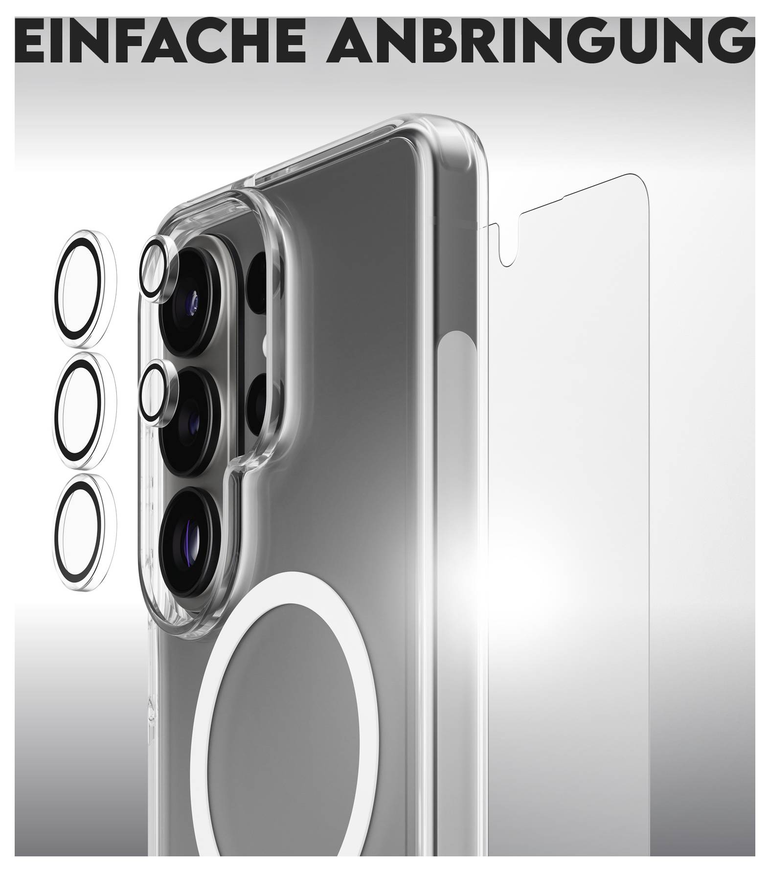 Frau hält Smartphone nah ans Gesicht, um die Kameroschutzfunktion zu betonen. Der Text lautet: „Stylische Hoops® für verbesserten Kameraschutz".